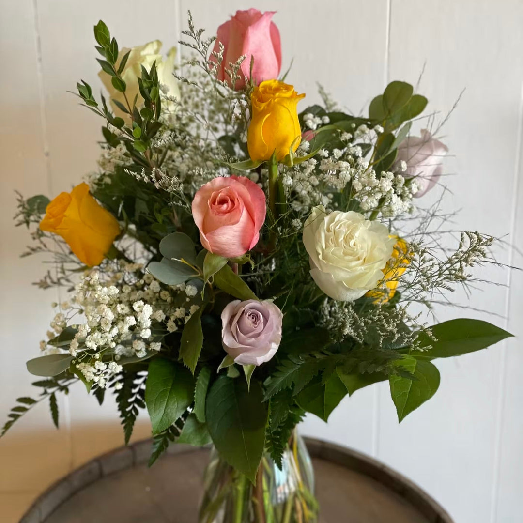 Dozen Assorted Roses Vase Arrangement