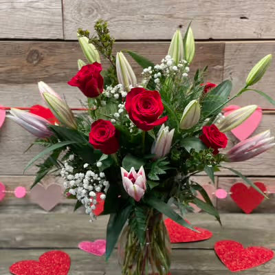 Floral Arrangement Lilies and Roses Glass Vase Staples MN