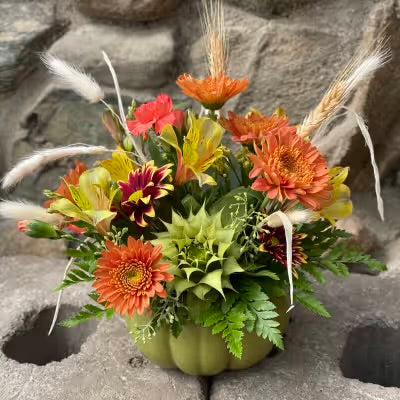 Floral Arrangement Pumpkin Vase Orange and Yellow Flowers Staples MN