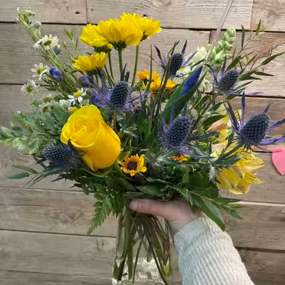 Floral Vase Arrangement Yellow and Purple Flowers Staples MN