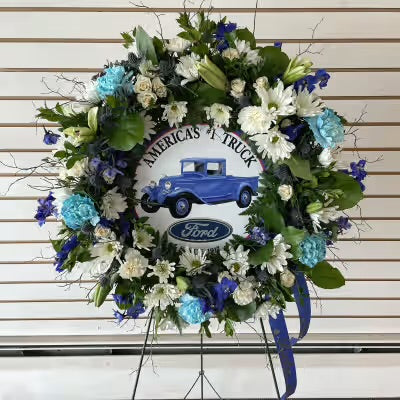 Funeral Sympathy Wreath Blue and White Ford